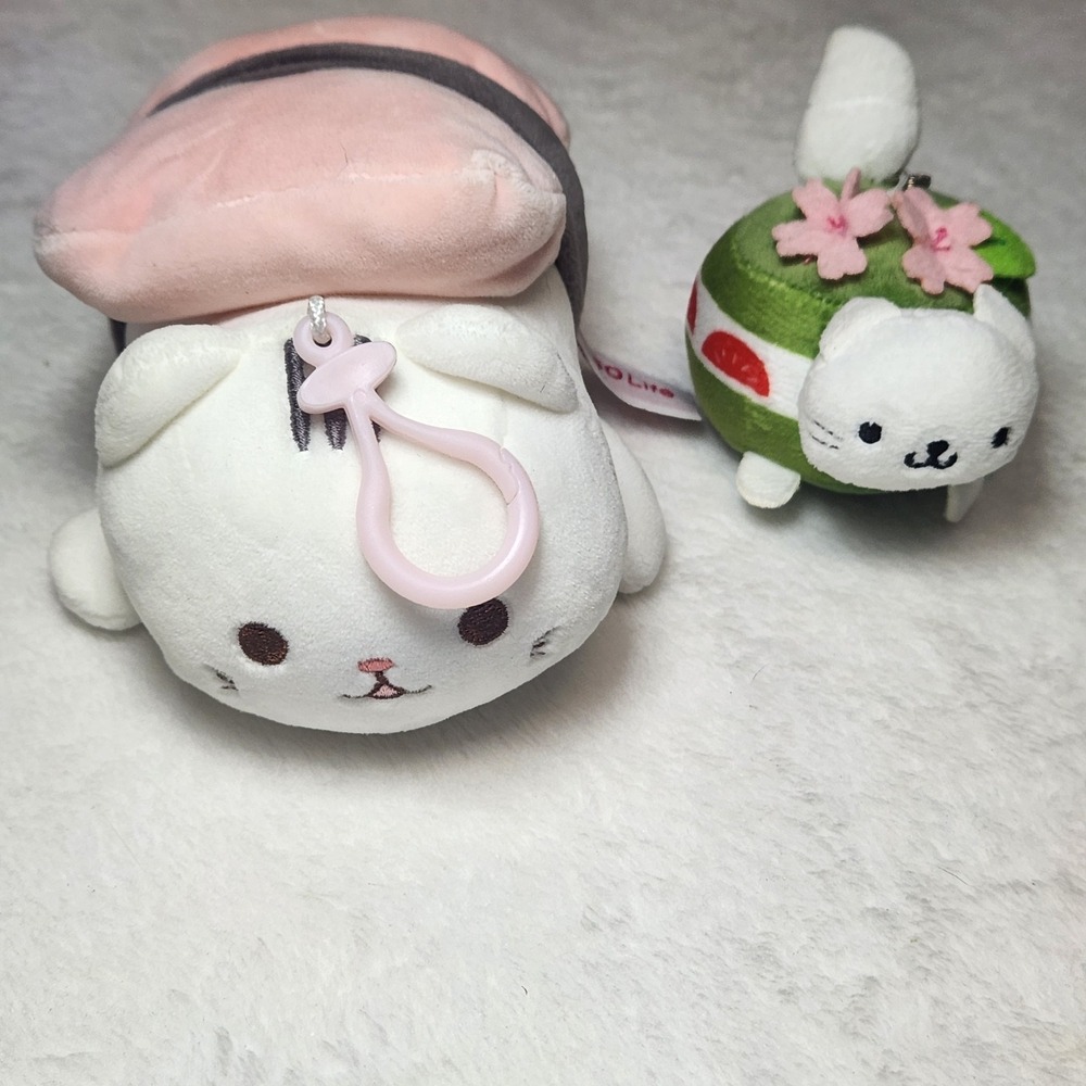 Miniso Life Sushi Cat Plush Keychain Set Pink Green Floral Kawaii 2pc